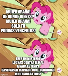 Size: 500x557 | Tagged: safe, edit, edited screencap, imported from derpibooru, screencap, pinkie pie, filli vanilli, capitan memo, comic, screencap comic, song reference, spanish, spider-woman, translated in the description