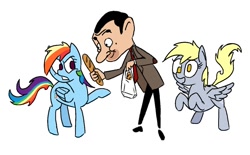 Size: 1312x812 | Tagged: safe, artist:anonymous, imported from derpibooru, derpy hooves, rainbow dash, human, pegasus, pony, bag, bread, crossover, food, mr bean, simple background, smiling, white background