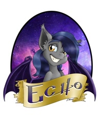 Size: 763x1000 | Tagged: source needed, safe, artist:dae, imported from derpibooru, oc, oc only, oc:echo, bat pony, pony, bat pony oc, bat wings, bedroom eyes, bust, commission, digital art, fangs, female, mare, portrait, smiling, solo, spread wings, teeth, wings