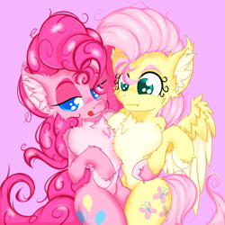 Size: 2500x2500 | Tagged: safe, artist:rurihal, imported from derpibooru, fluttershy, pinkie pie, earth pony, pegasus, pony, :t, andrea libman, blushing, chest fluff, cute, duo, ear fluff, female, fluffy, licking, licking lips, mare, messy mane, pale belly, side hug, tongue out