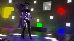 Size: 3840x2160 | Tagged: safe, artist:shadowboltsfm, imported from derpibooru, twilight sparkle, alicorn, anthro, plantigrade anthro, 3d, 4k, ankle boots, blender, bodysuit, boots, breasts, clothes, glow, glowing, glowing eyes, high heel boots, high heels, platform heels, q.u.b.e., sfm pony, shoes, solo, standing, stiletto heels, twilight sparkle (alicorn), wings