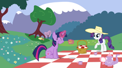 Size: 1920x1080 | Tagged: safe, artist:ursamanner, imported from derpibooru, rarity, twilight sparkle, pony, unicorn, basket, burger, cup, eating, flower, food, hat, hay burger, herbivore, looking at you, magic, mountain, picnic, picnic basket, picnic blanket, plate, poppy, rock, show accurate, smiling, smiling at you, teacup, teapot, telekinesis, tree, twilight burgkle, unicorn twilight