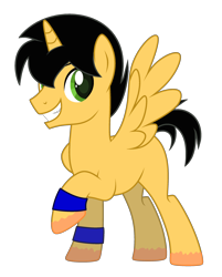 Size: 2200x2736 | Tagged: safe, artist:f1master45, imported from derpibooru, oc, oc only, oc:swift bow, alicorn, pony, derpibooru community collaboration, 2021 community collab, alicorn oc, black hair, blue, green eyes, horn, simple background, smiley face, smiling, solo, transparent background, wings, wristband