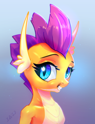 Size: 1116x1462 | Tagged: safe, artist:xbi, imported from derpibooru, smolder, dragon, bust, cute, dragoness, female, gradient background, grin, looking at you, portrait, smiling, smolderbetes, solo