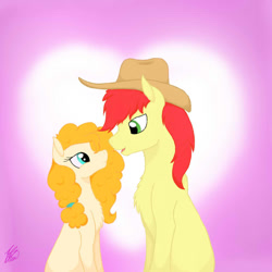 Size: 1000x1000 | Tagged: safe, artist:crystalcontemplator, imported from derpibooru, bright mac, pear butter, earth pony, pony, brightbutter, female, hat, male, mare, shipping, signature, stallion, straight