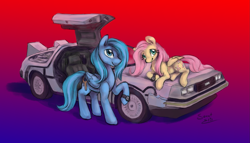 Size: 1761x1007 | Tagged: safe, artist:elisdoominika, imported from derpibooru, fluttershy, oc, oc:thinker blue, pegasus, pony, back to the future, car, cute, delorean, gradient background, lying down, one hoof raised, raised hoof, smiling, smiling at you, watch
