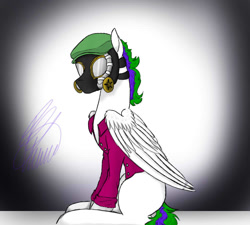 Size: 1000x900 | Tagged: safe, artist:crystalcontemplator, imported from derpibooru, oc, oc only, pegasus, pony, clothes, gas mask, mask, pegasus oc, signature, sitting, solo, wings