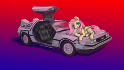 Size: 1920x1080 | Tagged: safe, artist:elisdoominika, imported from derpibooru, fluttershy, pegasus, pony, back to the future, car, cute, delorean, lying down, smiling, smiling at you, solo