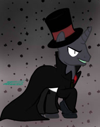Size: 550x700 | Tagged: safe, artist:crystalcontemplator, imported from derpibooru, pony, unicorn, abstract background, black hat (villainous), clothes, grin, hat, male, ponified, raised hoof, signature, smiling, solo, stallion, top hat, villainous