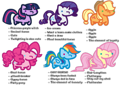 Size: 1113x800 | Tagged: safe, artist:whiteplumage233, imported from derpibooru, applejack, fluttershy, pinkie pie, rainbow dash, rarity, twilight sparkle, pony, chubbie, flutterguy, mane six, simple background, stay out of my shed, tag yourself, transparent background, vulgar