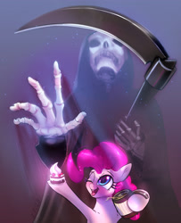 Size: 3426x4227 | Tagged: safe, artist:xbi, imported from derpibooru, pinkie pie, earth pony, pony, bone, cake, cider, female, food, grim reaper, happy, mare, one eye closed, scythe, skeleton, smiling, solo, tabun art-battle finished after, wink