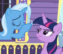 Size: 629x540 | Tagged: safe, imported from derpibooru, screencap, trixie, twilight sparkle, alicorn, pony, unicorn, to where and back again, animated, boop, duo, eyes closed, gif, non-consensual booping, noseboop, reaction, trixie's wagon, twilight sparkle (alicorn)