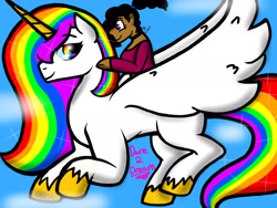 Size: 2048x1536 | Tagged: safe, artist:artmama113, imported from derpibooru, oc, oc only, alicorn, human, pony, alicorn oc, clothes, dark skin, duo, female, horn, mare, multicolored hair, rainbow hair, riding, smiling, unshorn fetlocks, wings