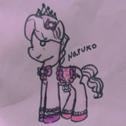 Size: 1080x1080 | Tagged: safe, artist:wrath-marionphauna, imported from derpibooru, diamond tiara, bowtie, clothes, horseshoes, jewelry, saddle, smiling, tack, tiara, traditional art