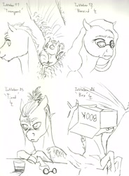 Size: 4890x6648 | Tagged: safe, artist:lady-limule, imported from derpibooru, oc, oc only, oc:drizzle, oc:elusive, pony, cardboard box, cup, glasses, grayscale, inktober 2016, lineart, monochrome, traditional art