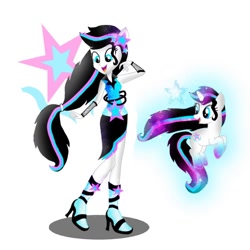 Size: 1080x1080 | Tagged: safe, artist:rxndxm.artist, imported from derpibooru, oc, oc only, oc:shooting star, pony, unicorn, equestria girls, clothes, glowing horn, high heels, horn, levitation, magic, ponied up, self ponidox, self-levitation, shoes, smiling, telekinesis, unicorn oc