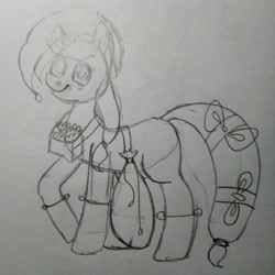 Size: 1080x1080 | Tagged: safe, artist:lowname, imported from derpibooru, applejack, earth pony, pony, bag, female, grayscale, lineart, mare, monochrome, present, smiling, solo, tail wrap, traditional art