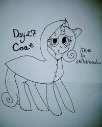 Size: 453x566 | Tagged: safe, artist:lowname, imported from derpibooru, sweetie belle, pony, unicorn, female, filly, inktober, inktober 2019, lineart, raincoat, solo, traditional art