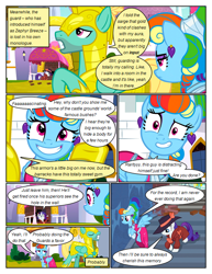 Size: 612x792 | Tagged: safe, artist:newbiespud, edit, edited screencap, imported from derpibooru, screencap, rainbow dash, rarity, zephyr breeze, pegasus, pony, unicorn, comic:friendship is dragons, alternate hairstyle, clothes, comic, detective rarity, dialogue, dress, eyelashes, eyes closed, flying, grin, hat, helmet, hoof shoes, male, megaradash, raised hoof, royal guard, royal guard zephyr breeze, running, screencap comic, smiling, stallion, sun hat