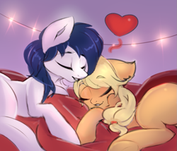 Size: 957x820 | Tagged: safe, artist:haokan, imported from derpibooru, applejack, oc, oc:constance everheart, earth pony, pony, blanket, canon x oc, cute, everjack, female, jackabetes, lights, male, mare, shipping, sketch, sleeping, stallion, straight