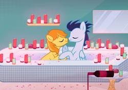 Size: 2603x1831 | Tagged: safe, artist:_cat_smoker_, imported from derpibooru, braeburn, soarin', earth pony, pegasus, pony, alcohol, bath, bathroom, bathtub, boop, bottle, candle, candlelight, commission, eyes closed, gay, glass bottle, holding hooves, hoof on chin, kissing, male, mirror, noseboop, raised hoof, shipping, soarburn, stallion, water, wine, wine bottle, ych result