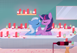 Size: 2629x1831 | Tagged: safe, artist:_cat_smoker_, imported from derpibooru, trixie, twilight sparkle, alicorn, pony, unicorn, alcohol, bath, bathroom, bathtub, boop, bottle, candle, candlelight, commission, eyes closed, female, glass bottle, holding hooves, hoof on chin, kissing, lesbian, mare, mirror, noseboop, raised hoof, shipping, twilight sparkle (alicorn), twixie, water, wine, wine bottle, ych result