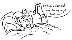 Size: 611x344 | Tagged: safe, artist:jargon scott, imported from ponybooru, princess celestia, alicorn, pony, bed, bed time, cute, cutelestia, dialogue, eyes closed, hat, monochrome, nightcap, pillow, simple background, solo, speech bubble, white background