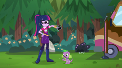 Size: 1920x1080 | Tagged: safe, imported from derpibooru, screencap, sci-twi, spike, spike the regular dog, twilight sparkle, dog, equestria girls, equestria girls series, the road less scheduled, spoiler:eqg series (season 2)