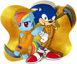 Size: 1099x917 | Tagged: safe, artist:pinkandorangesunset, imported from derpibooru, rainbow dash, bipedal, bipedal leaning, chain gang, crossover, duo, female, leaning, male, pickaxe, prisoner rd, shackles, sonic the hedgehog, sonic the hedgehog (series), toothpick