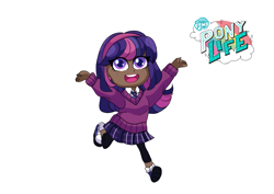 Size: 2039x1447 | Tagged: safe, artist:theladysknight, imported from derpibooru, twilight sparkle, human, my little pony: pony life, alternate hairstyle, clothes, converse, dark skin, female, g4.5, hairband, humanized, leggings, necktie, open mouth, shirt, shoes, simple background, skirt, socks, solo, sweater, transparent background