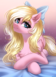 Size: 2600x3600 | Tagged: safe, artist:hakaina, imported from derpibooru, oc, oc only, oc:bay breeze, pegasus, pony, bed, bow, chest fluff, cute, ear fluff, female, hair bow, happy, high res, looking at you, lying down, mare, solo