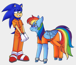 Size: 1915x1632 | Tagged: safe, artist:lilartsyprime, imported from derpibooru, rainbow dash, pegasus, pony, annoyed, clothes, cuffs, duo, female, mare, prison outfit, prisoner, prisoner rd, sonic the hedgehog, sonic the hedgehog (series)