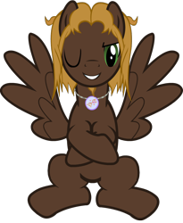 Size: 856x1044 | Tagged: safe, artist:raindashesp, imported from derpibooru, oc, oc only, oc:mellow rhythm, pegasus, pony, derpibooru community collaboration, 2021 community collab, beard, crossed hooves, facial hair, feathered wings, jewelry, looking at you, male, necklace, one eye closed, simple background, solo, spread wings, transparent background, wings, wink, winking at you