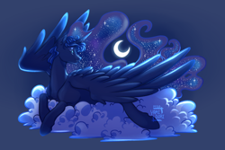 Size: 3000x2000 | Tagged: safe, artist:yami-sempai, imported from derpibooru, princess luna, alicorn, pony, cloud, digital art, ear fluff, female, high res, lying down, mare, on a cloud, profile, prone, simple background, smiling, solo, spread wings, turned head, wings