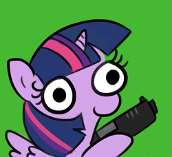 Size: 725x661 | Tagged: safe, artist:tjpones, artist:tjpones edits, edit, imported from derpibooru, twilight sparkle, alicorn, pony, sparkles! the wonder horse!, delet this, green background, gun, simple background, solo, this will end in death, twilight sparkle (alicorn), weapon