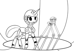 Size: 2597x1800 | Tagged: safe, artist:tjpones, imported from derpibooru, princess celestia, twilight sparkle, alicorn, pony, unicorn, black and white, duo, female, filly, filly twilight sparkle, grayscale, helmet, lineart, mare, monochrome, pacific rim, smol, stilts, twiggie, unicorn twilight, younger