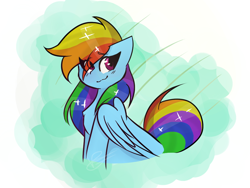 Size: 1024x768 | Tagged: safe, artist:variat-dev, imported from derpibooru, rainbow dash, pegasus, pony, chest fluff, cute, dashabetes, eye clipping through hair, female, mare, solo