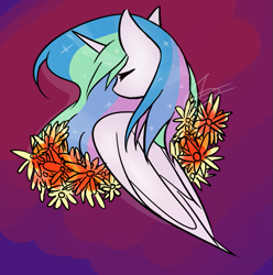 Size: 619x624 | Tagged: safe, artist:variat-dev, imported from derpibooru, princess celestia, alicorn, pony, bust, eyes closed, facing away, female, flower, mare, solo