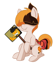 Size: 1200x1400 | Tagged: safe, artist:chedx, imported from derpibooru, oc, oc:assistant, earth pony, pony, derpibooru community collaboration, 2021 community collab, community collab, earth pony oc, female, garfield, garfield (character), not songbird serenade, photo, simple background, solo, transparent background