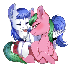 Size: 2874x3171 | Tagged: safe, artist:misterpolkovnik, imported from derpibooru, oc, oc only, oc:pine berry, oc:snow pup, earth pony, pegasus, pony, :p, chest fluff, collar, crossed arms, ear fluff, earth pony oc, eyes closed, looking at you, lying down, pegasus oc, pet tag, simple background, tongue out, transparent background, wings