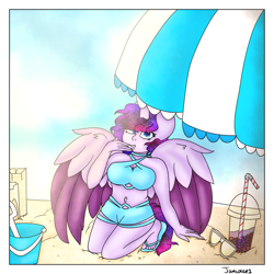 Size: 4000x4000 | Tagged: safe, artist:jamlotte1, imported from derpibooru, oc, oc:cosmic star, alicorn, anthro, human, plantigrade anthro, beach, belly button, bendy straw, big breasts, breasts, bucket, clothes, drink, drinking straw, heel pop, humanized, midriff, pail, sandals, sandcastle, shovel, summer, sunglasses, swimsuit, umbrella