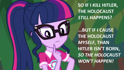 Size: 1280x720 | Tagged: safe, edit, imported from derpibooru, screencap, sci-twi, twilight sparkle, equestria girls, equestria girls series, the road less scheduled, spoiler:eqg series (season 2), holocaust, insane troll logic, op is on drugs, solo, wat