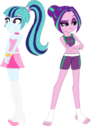 Size: 380x528 | Tagged: safe, artist:darthrivan, artist:sturk-fontaine, imported from derpibooru, aria blaze, sonata dusk, equestria girls, alternate universe, base used, bases used, clothes, duo, duo female, exeron fighters, feetwraps, female, handwraps, martial artist, martial arts kids, muay thai, popstar, siblings, singer, sisters, socks, sports tape, stirrup bandages, the dazzling family, twin sisters, twins