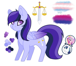 Size: 1200x1053 | Tagged: safe, artist:magicuniclaws, imported from derpibooru, princess cadance, shining armor, oc, oc:eurydice, pegasus, pony, bisexual, bisexual pride flag, female, offspring, parent:princess cadance, parent:shining armor, parents:shiningcadance, pride, pride flag, reference sheet, simple background, teenager, transgender, transgender pride flag, transparent background