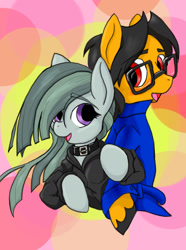 Size: 1072x1440 | Tagged: safe, artist:a.s.e, imported from derpibooru, marble pie, oc, oc:a.s.e, earth pony, pony, canon x oc, clothes, collar, couple, duo, earth pony oc, female, glasses, happy, male, ponysona, shipping, together