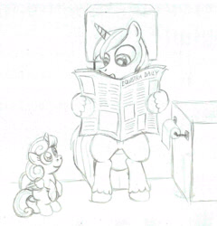 Size: 1812x1889 | Tagged: safe, anonymous artist, imported from derpibooru, princess flurry heart, shining armor, equestria daily, but why, father and child, father and daughter, female, implied pooping, looking at each other, male, newspaper, potty, potty training, reading, sitting on toilet, sketch, toilet, toilet paper
