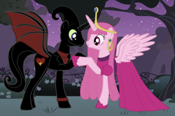 Size: 3776x2512 | Tagged: safe, artist:nathaniel hansen, imported from derpibooru, pony, adventure time, business suit, canterlot, cartoon network, clothes, crossover, dress, female, holding hooves, husband and wife, male, mare, nergal, nergal and princess bubblegum, night, ponified, pony maker, princess bubblegum, stallion, the grim adventures of billy and mandy