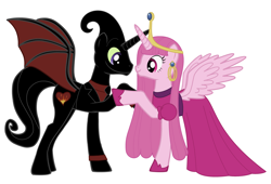 Size: 3716x2524 | Tagged: safe, artist:nathaniel hansen, artist:nathaniel718, imported from derpibooru, pony, adventure time, business suit, cartoon network, clothes, crossover, dress, female, holding hooves, husband and wife, male, mare, nergal, nergal and princess bubblegum, ponified, pony maker, princess bubblegum, shipping, simple background, stallion, suit and tie, the grim adventures of billy and mandy, white background