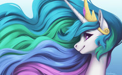 Size: 4961x3068 | Tagged: safe, artist:taytinabelle, imported from derpibooru, princess celestia, alicorn, pony, bust, crown, cute, cutelestia, ear fluff, female, gradient background, hair, i really like her mane, jewelry, looking at you, mare, portrait, profile, regalia, side view, signature, simple background, smiling, solo, wavy mane
