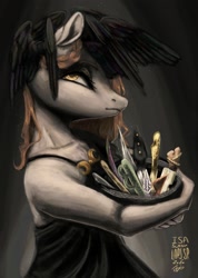 Size: 1407x1978 | Tagged: safe, artist:laps-sp, imported from derpibooru, raven, oc, oc only, oc:absinthe hyacinthum, anthro, earth pony, bow, braid, clothes, dress, hair bow, knife, looking up, solo
